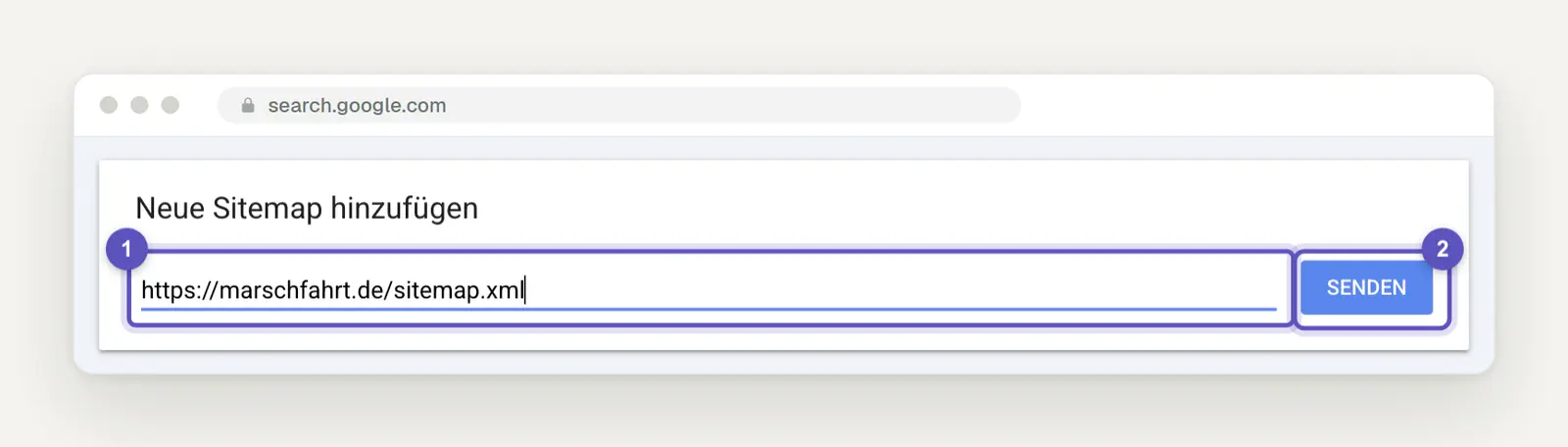 The "Add New Sitemap" input field in Search Console, with a complete sitemap URL and the "Submit" button.