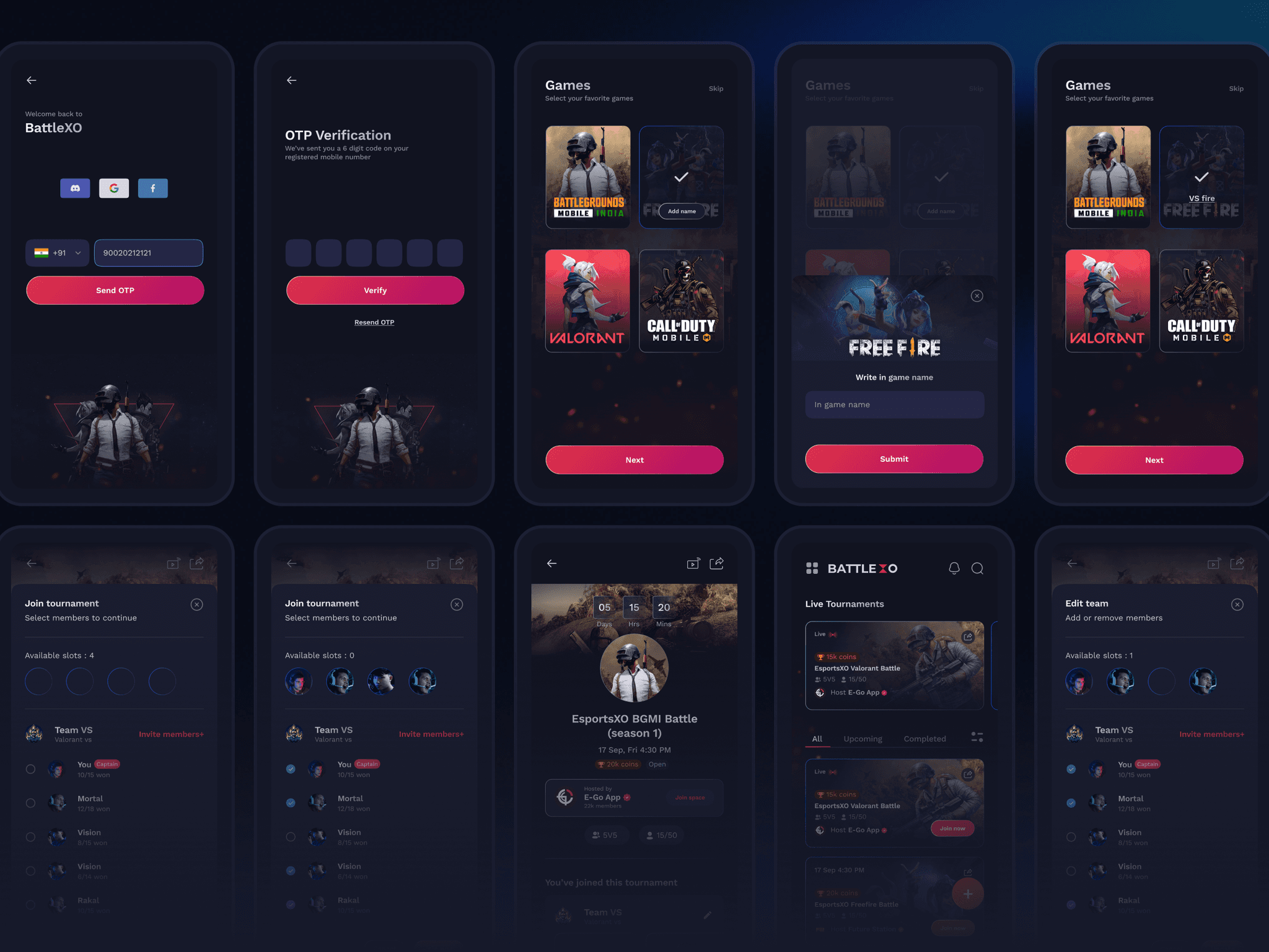 Responsive pages of a gaming platform UI in mobile screens on a dark background