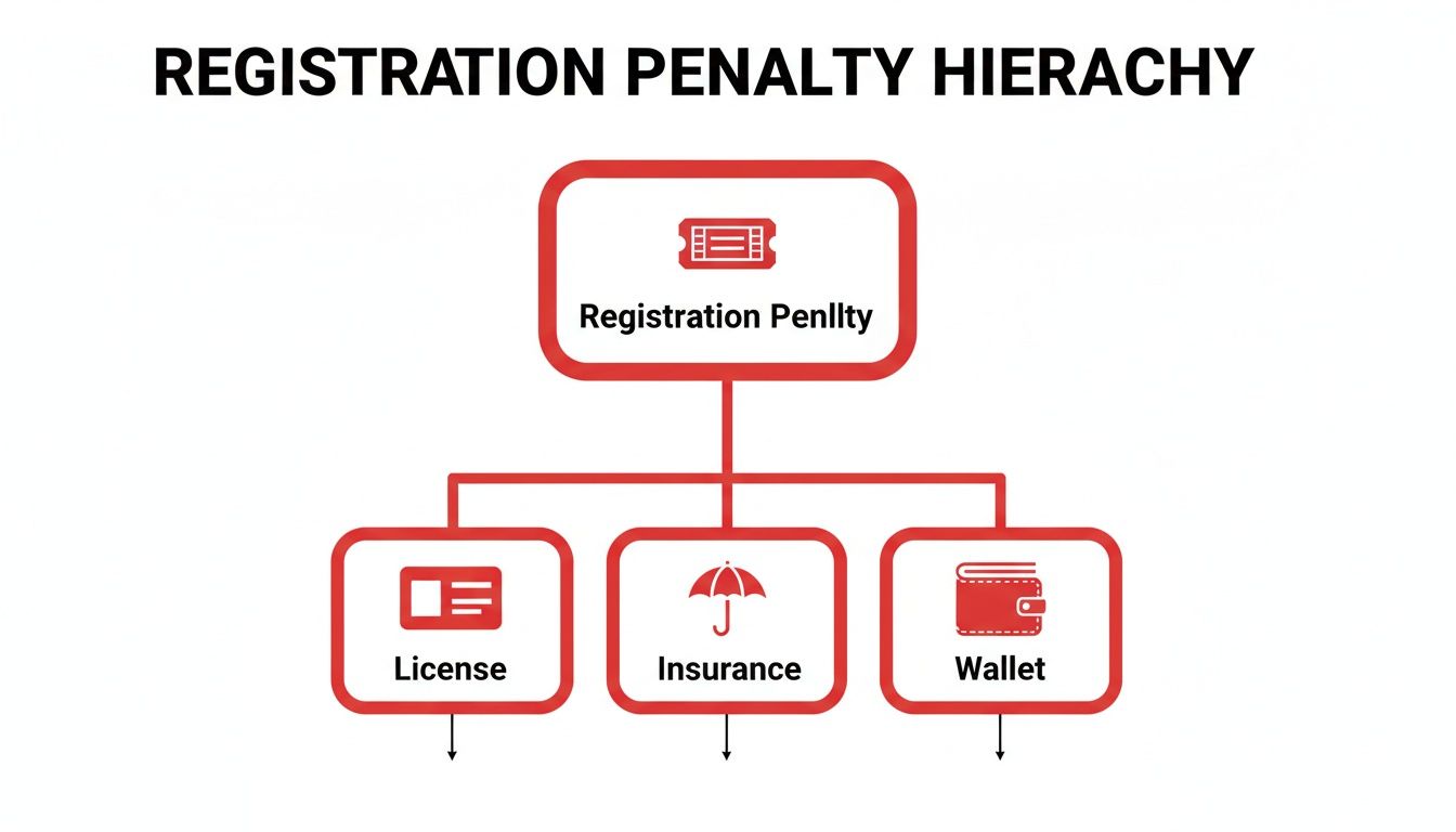 A flowchart illustrating the hierarchy of registration penalties, impacting license, in_surance, and wallet.