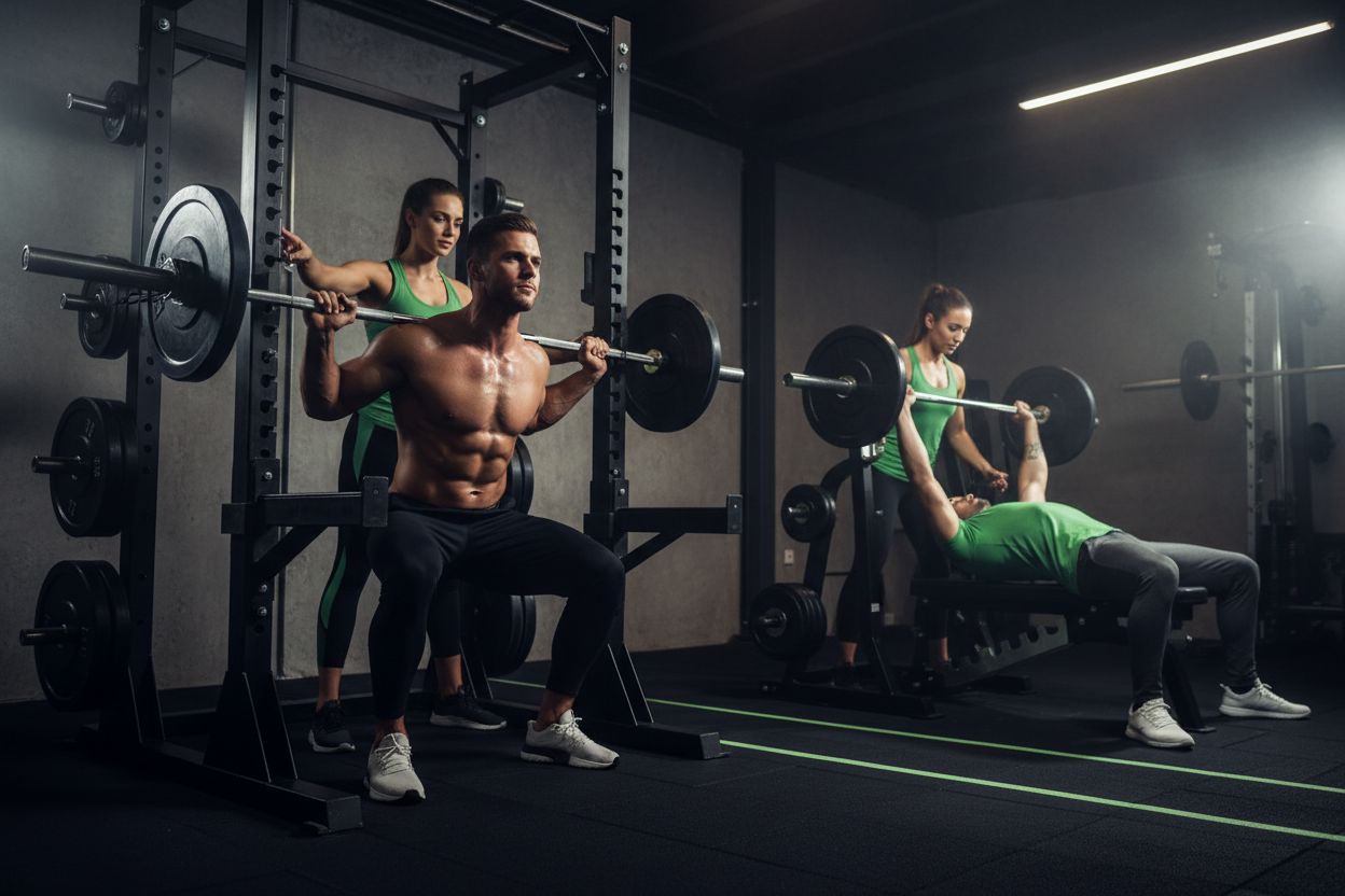 Gym barbell squat and bench press