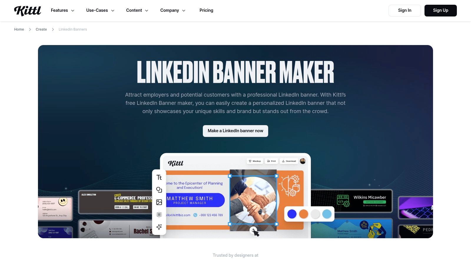 Kittl's editor interface showing LinkedIn banner design tools