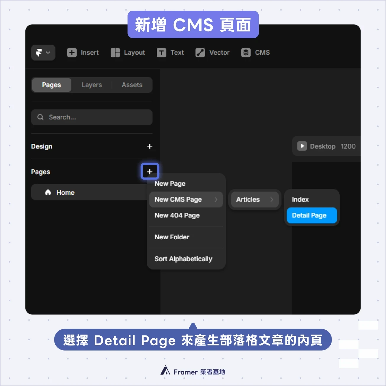 Framer 新增 CMS Page 選擇 Index Page 與 Detail Page 的選項截圖