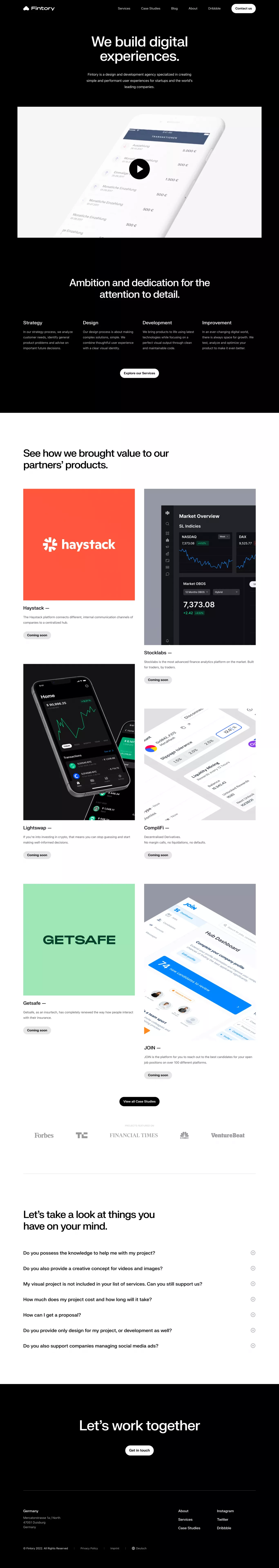 Fintory Digital Agency: UX/UI Design & W portfolio page screenshot showcasing Design and Tech design
