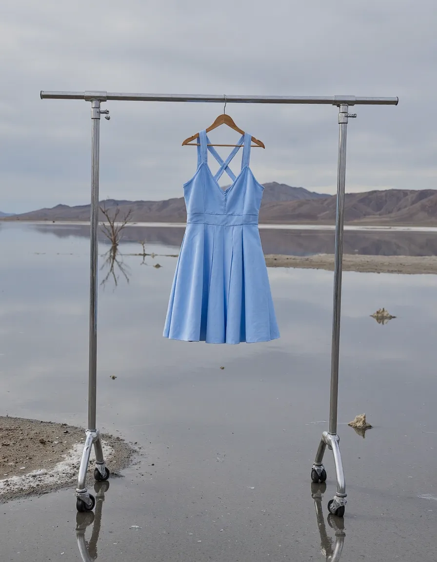 Light blue summer dress on clothing rack over reflective salt flat waters with mountain background, creating perfect mirror reflection