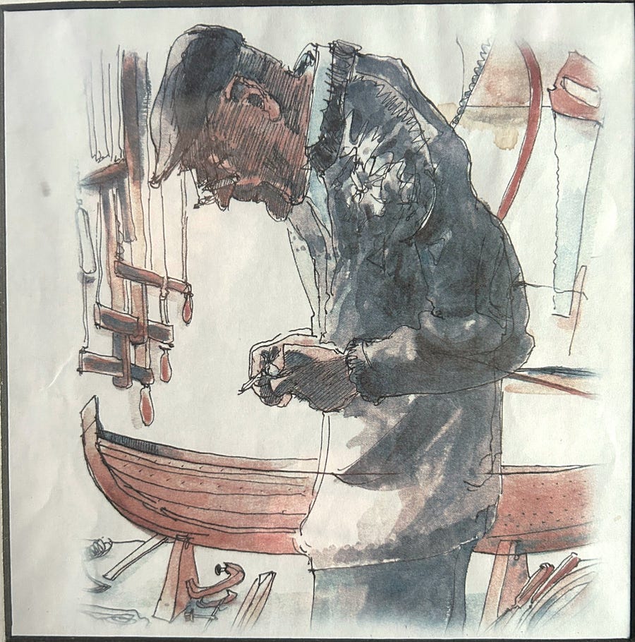 Både Nils og sønnen Ola fant glede i å bygge modellbåter, her er Ola i nøysommelig og konsentrert arbeid med en Sunnmørsåttring - i skisse av Inger K. Giskeødegård.