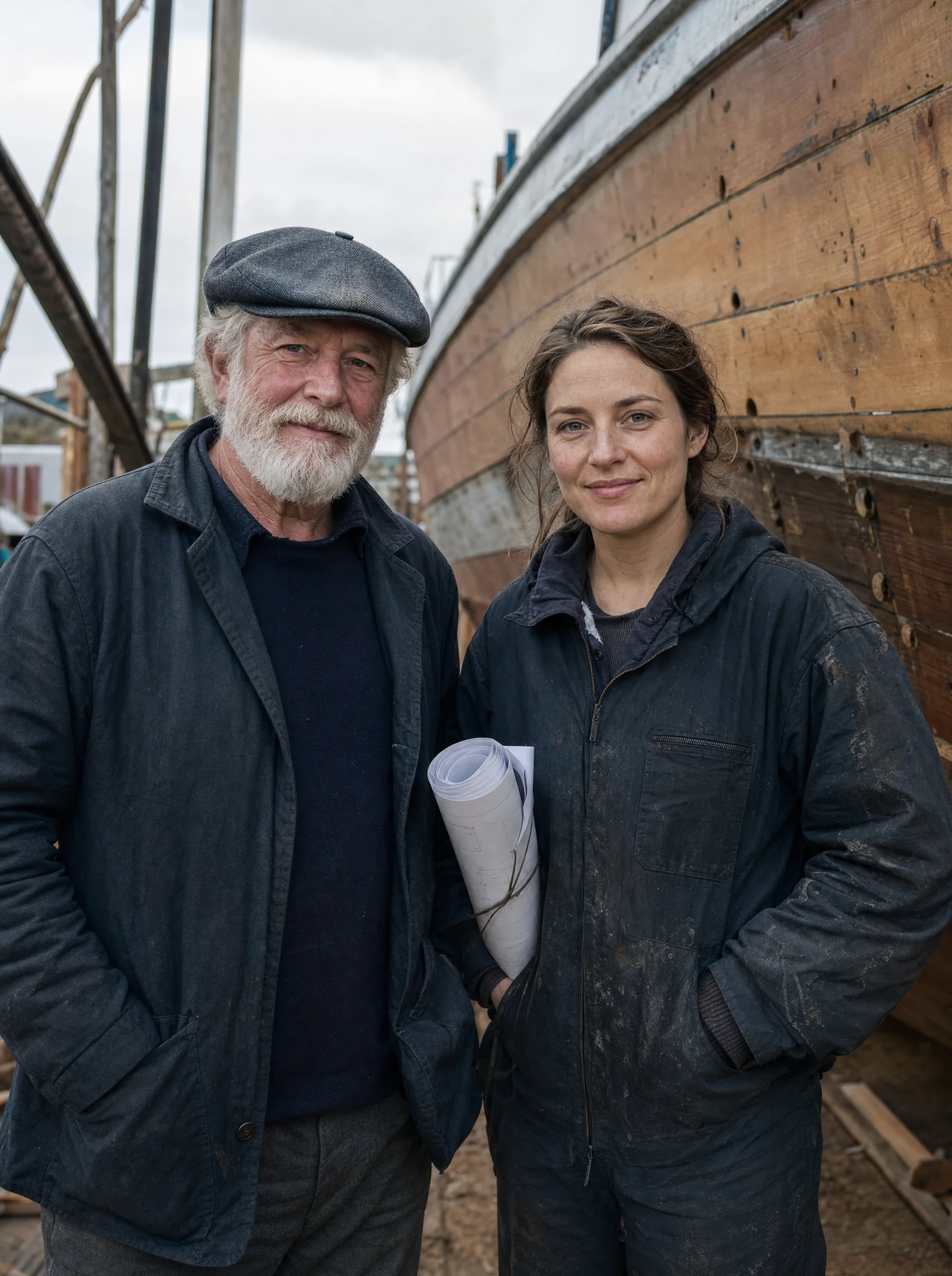 A boatyard founder in a flat cap beside his daughter, who now runs the yard