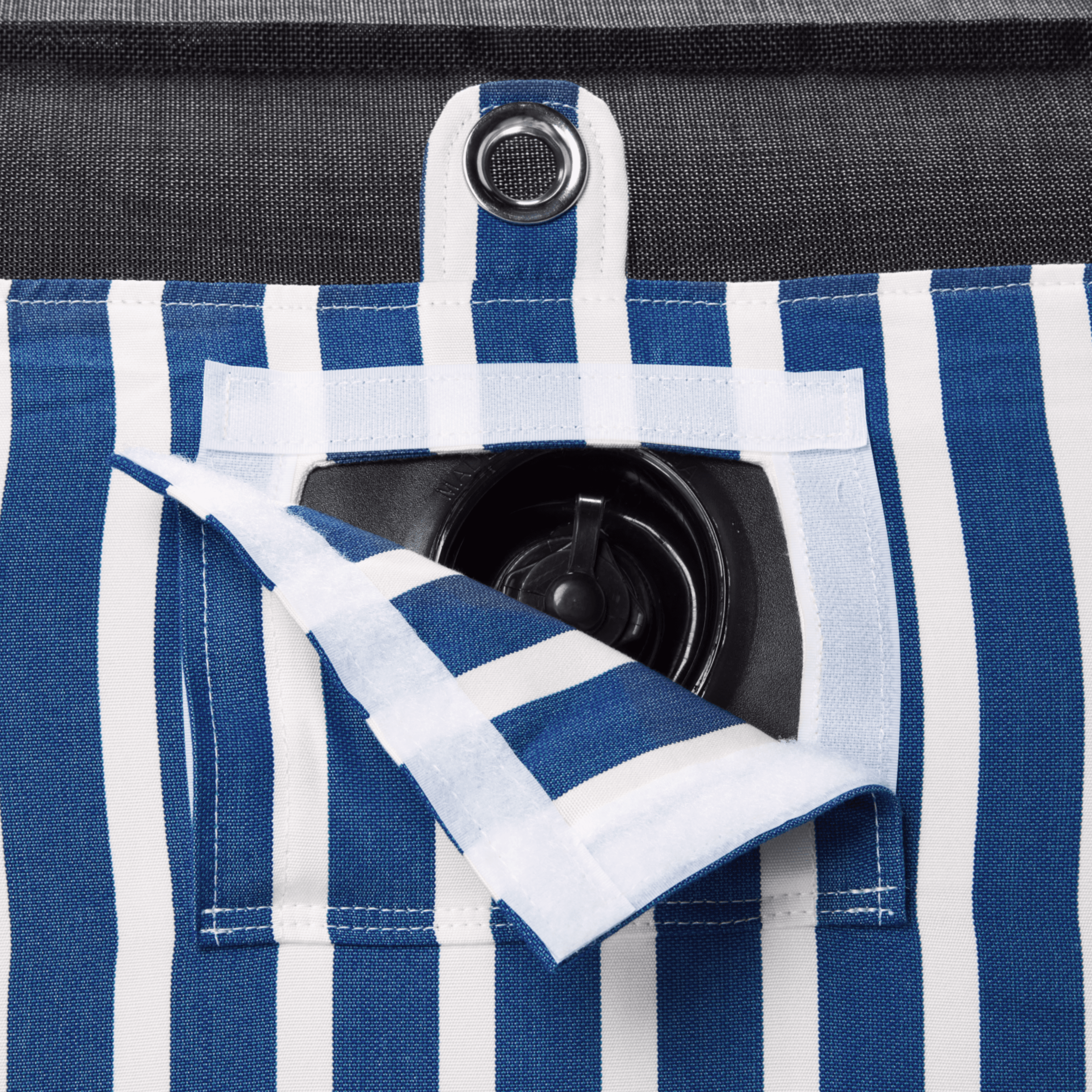 Close-up of pool float showing blue-and-white canvas, inflation valve, and self-coloured piping