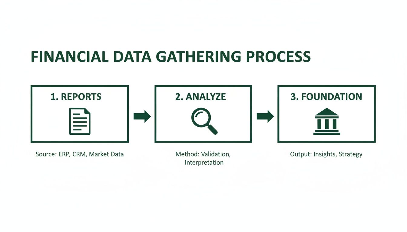 Flowchart detailing the financial data gathering process, from source reports to analysis and strategic output.
