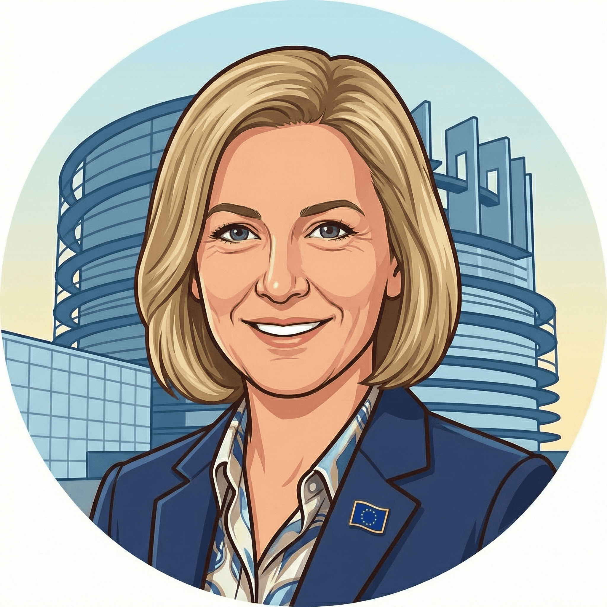 A woman with blonde bob hair in a grey coat and beige turtleneck stands against a neutral backdrop. She has a serious expression, conveying elegance.