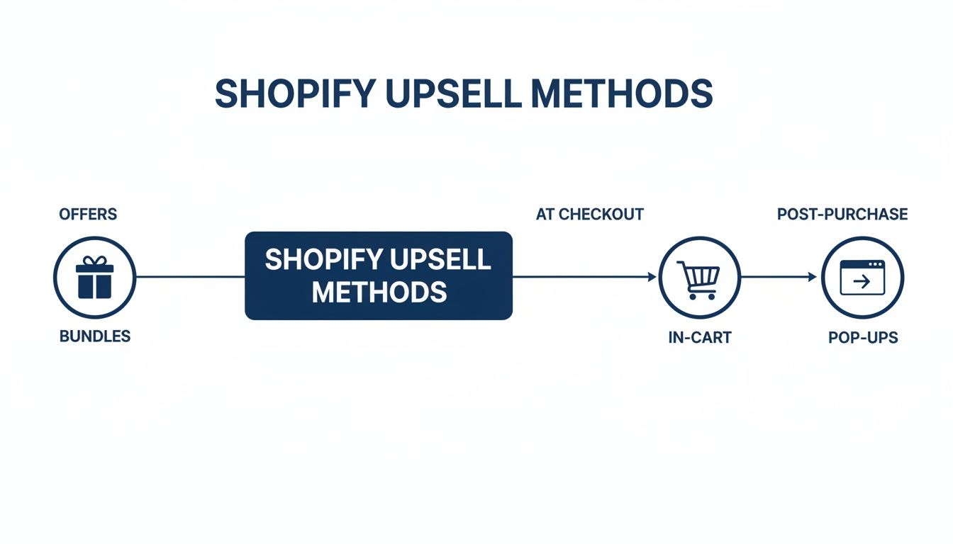 Flowchart illustrating Shopify upsell methods: offers, in-cart promotions, and post-purchase pop-ups.