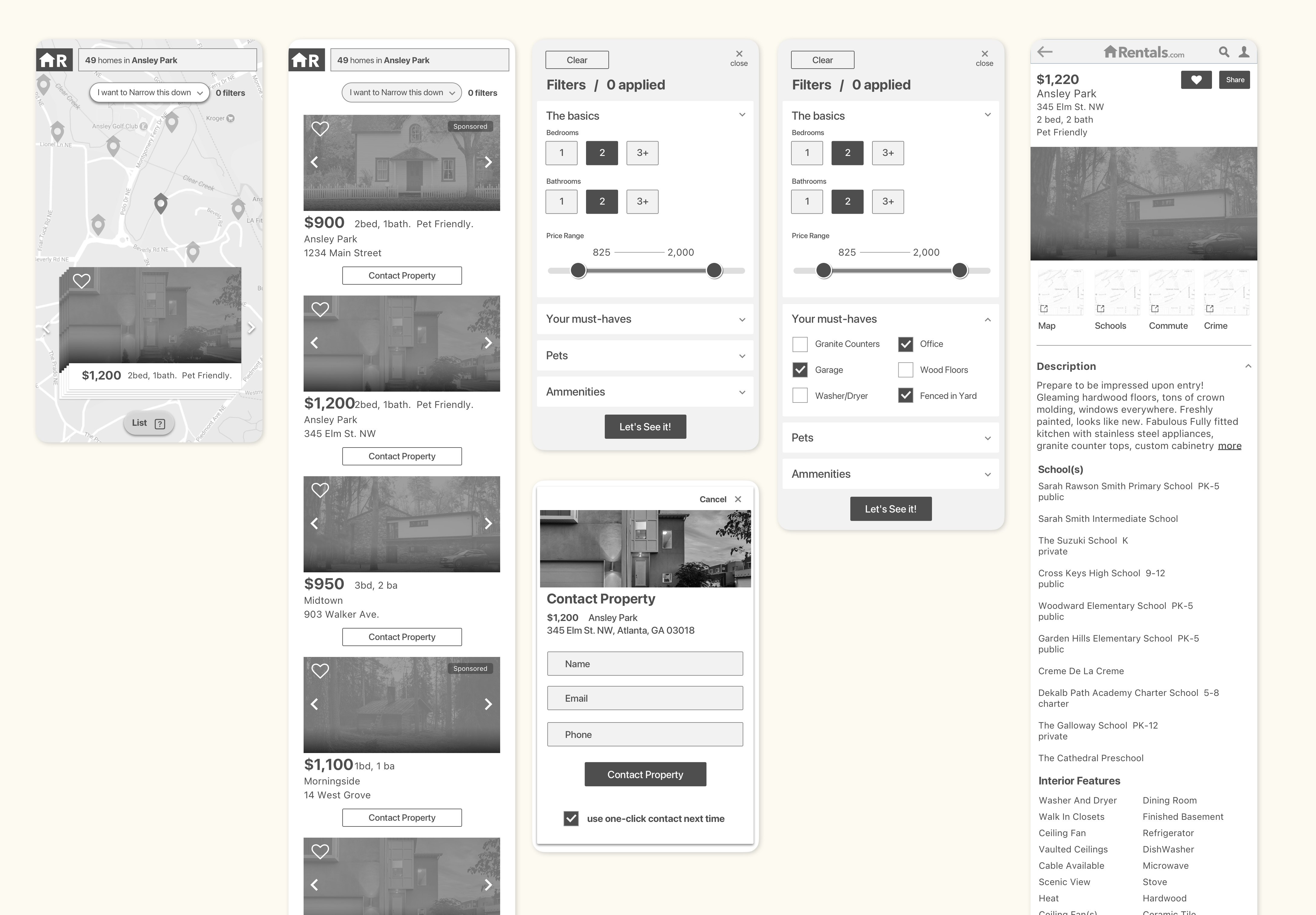 Rentals mobile wireframes