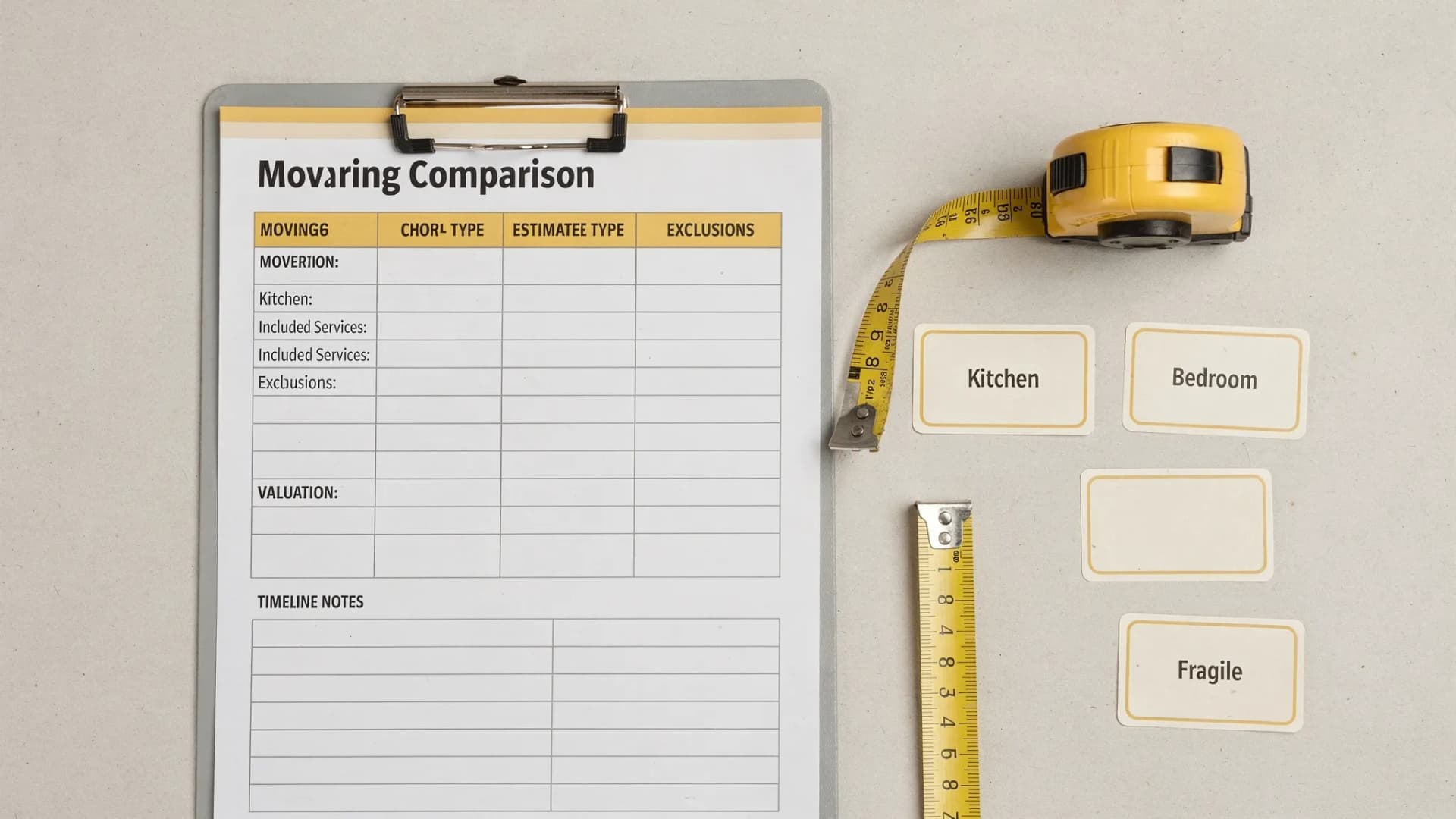 A clean comparison worksheet on a clipboard with columns for mover name, estimate type, included services, exclusions, valuation, timeline, and notes, next to a tape measure and moving box labels.