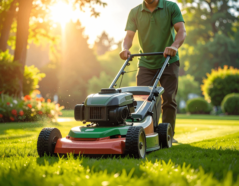 Man cutting grass with landscaping tool