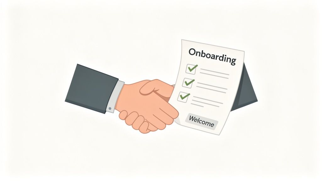 Two hands shaking, holding an 'Onboarding' checklist with completed tasks and 'Welcome', signifying new employee integration.