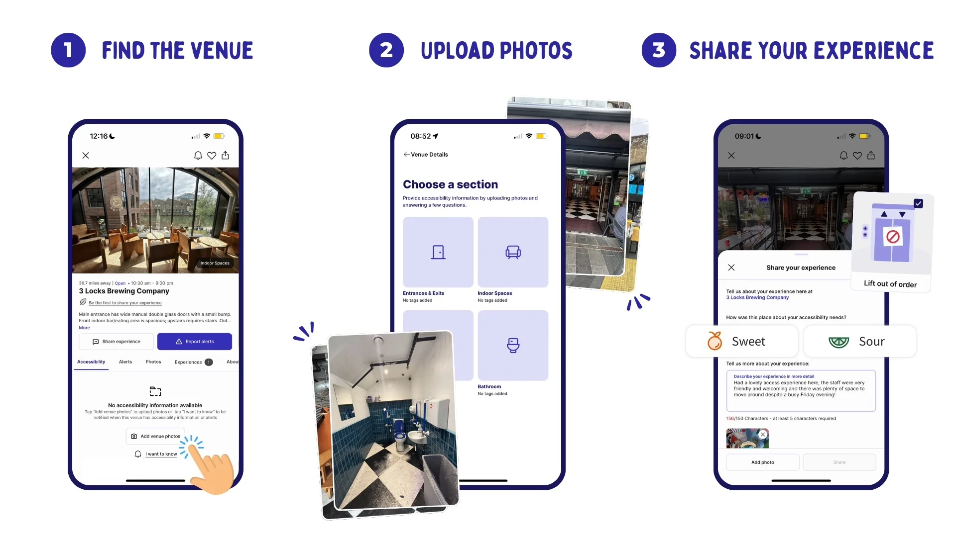 Screenshots of how the sociability app works, find a venue, upload photos, share your experience