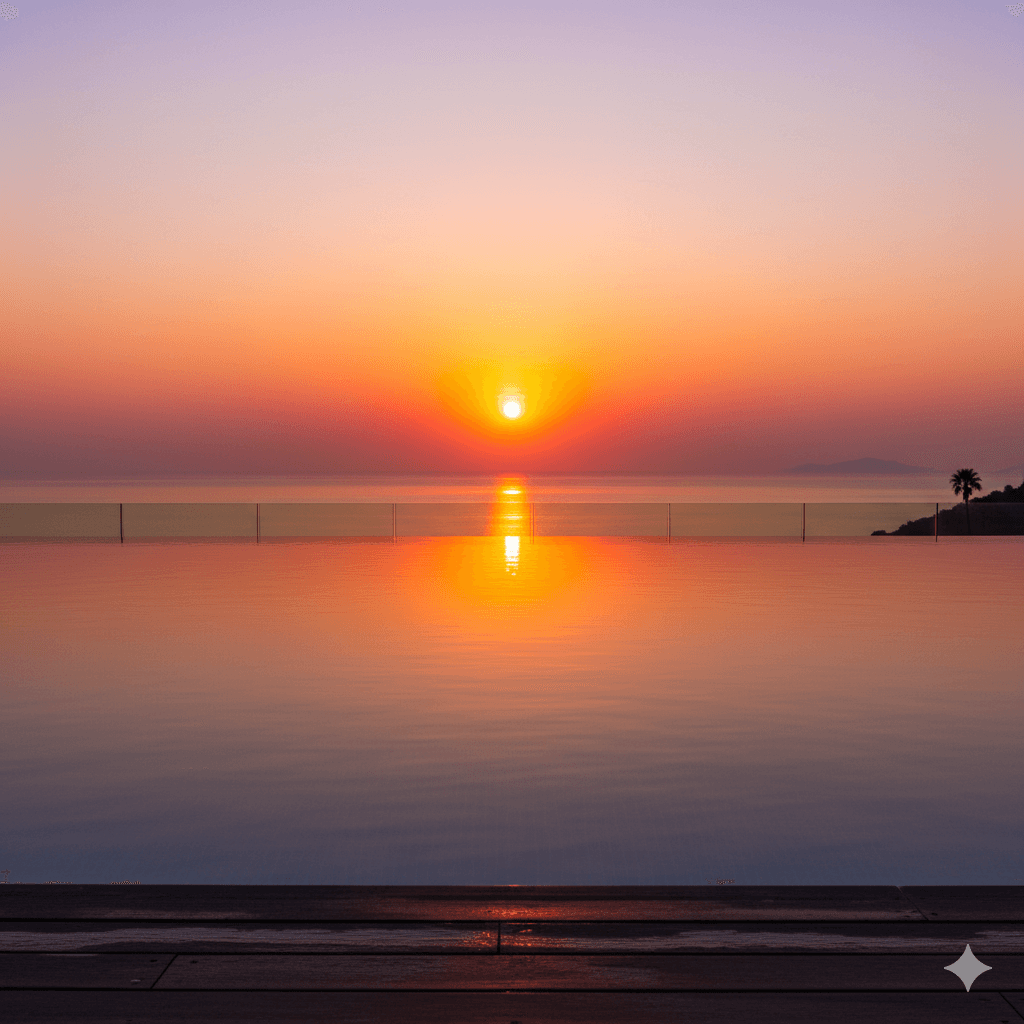 Infinity pool reflecting a vibrant sunset over the sea