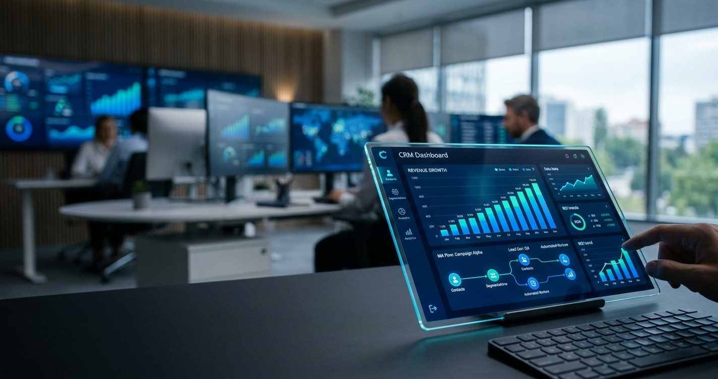 Painel tecnológico de CRM e automação de marketing mostrando gráficos de crescimento de ROI e integração de dados.