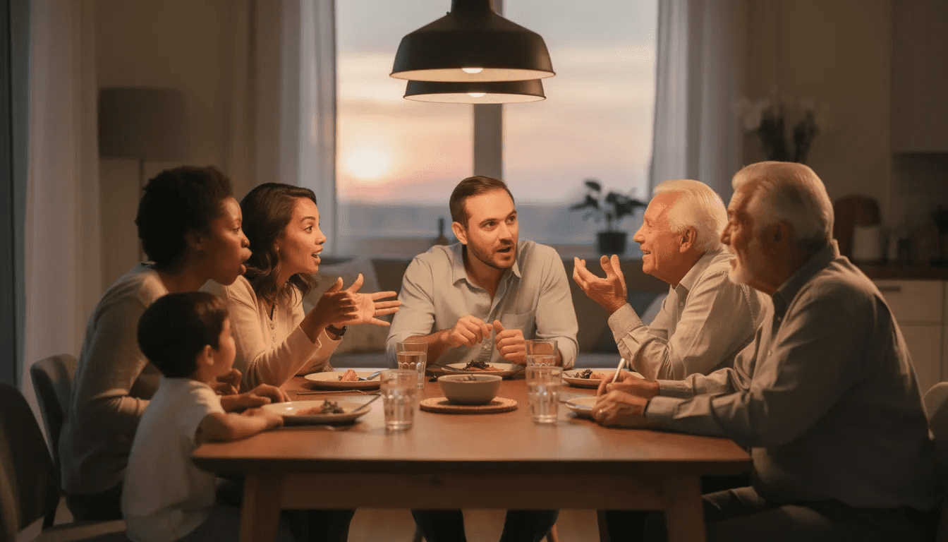 A family is gathered around a dining table, engaged in a lively discussion, possibly about estate planning and trust beneficiary rights. The atmosphere is warm and inviting, suggesting a close-knit relationship as they navigate the complexities of trust assets and the roles of current and remainder beneficiaries.