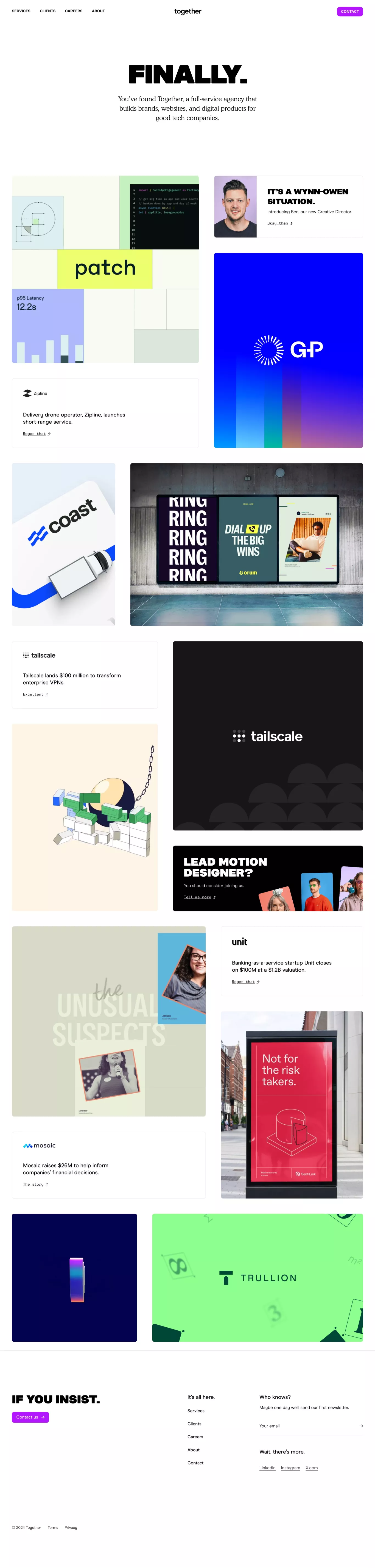 Together. A full-service creative agency landing page screenshot showcasing Design and Tech design