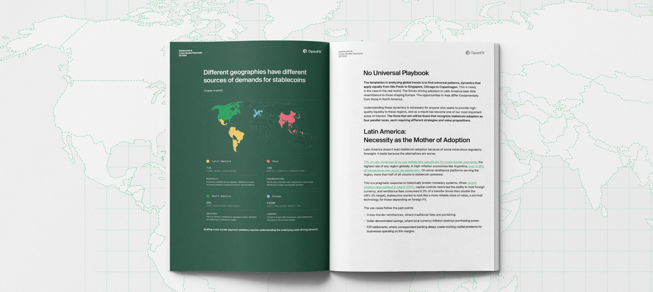 Spread of the Stablecoins and Cross-Border Payments Report, published in Q1 2026 showcasing a map of the world divided by regions and describing the diffrent use cases for stablecoins in each.