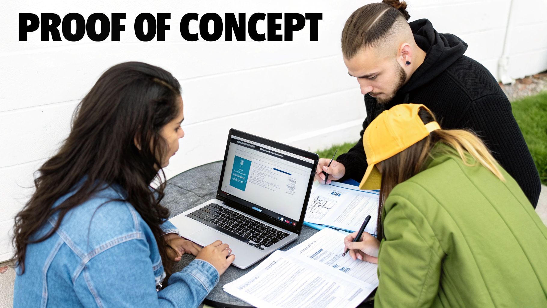 Three students collaborate outdoors, one on a laptop, two writing on documents.