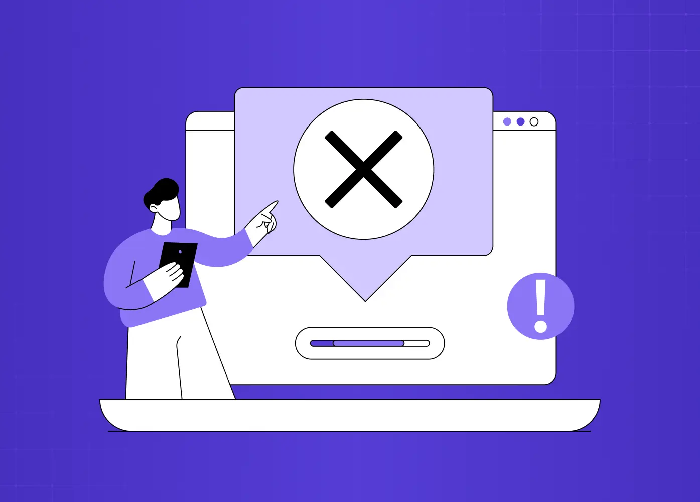 Illustration of a person facing a computer screen with a large error symbol, warning icon, and loading bar, representing a digital interface failure.