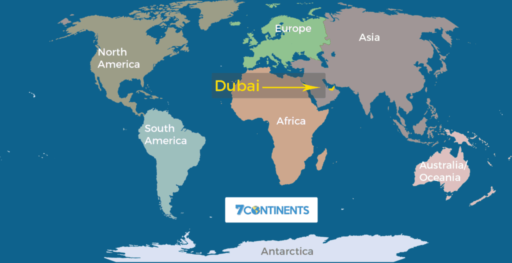 The world map shows Dubai’s central location between Asia, Europe, and Africa. 