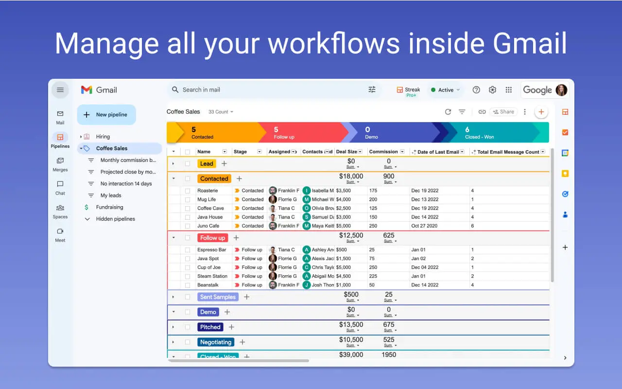 A screenshot of a Gmail workspaces turned into a kanban board thanks to Streak CRM.