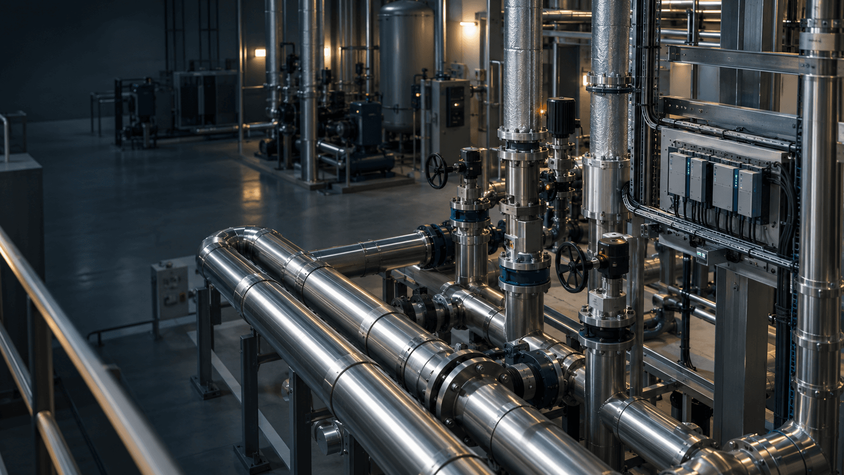 Mechanical room with insulated pipes, valves and gauges