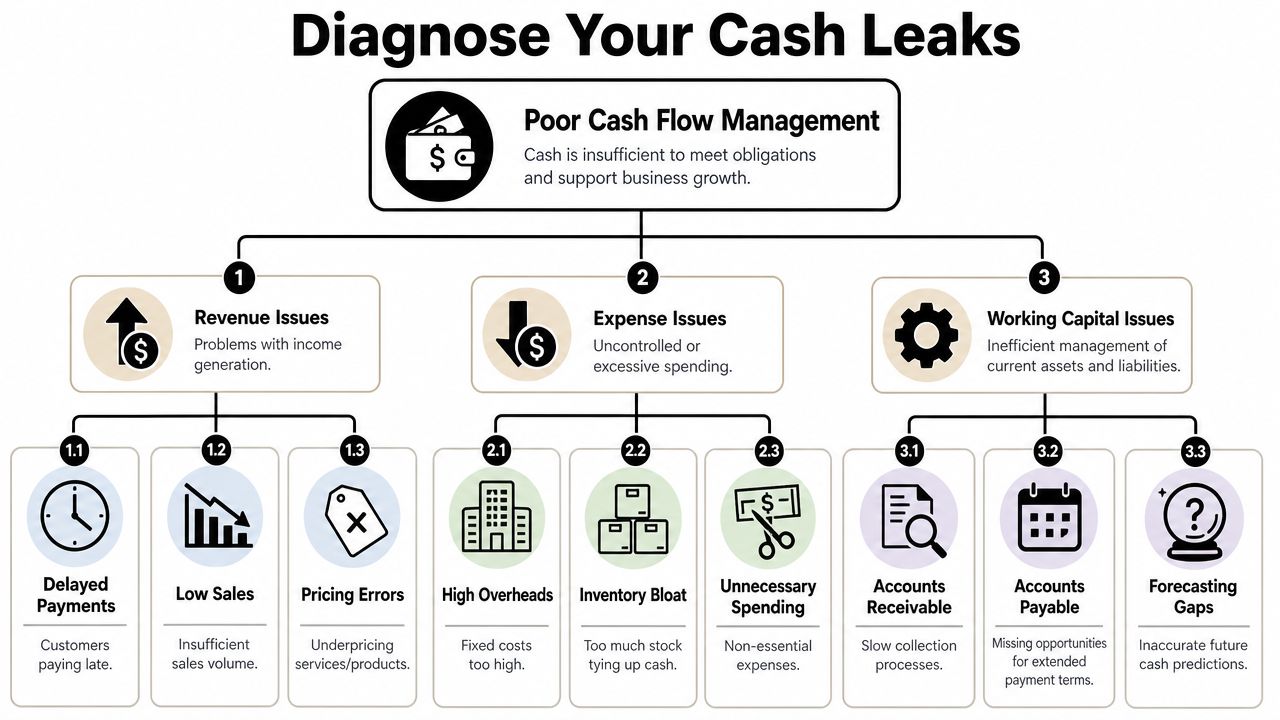 A diagnostic flow chart titled Diagnose Your Cash Leaks, illustrating causes of poor business cash flow.