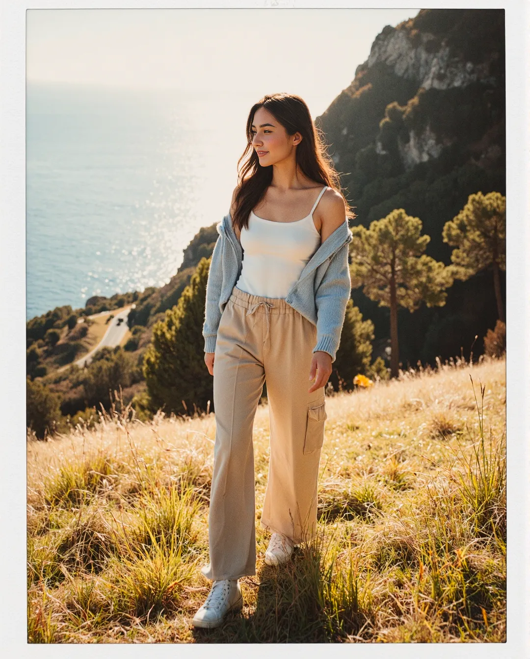 Fashion photography featuring coastal cliff scenery with golden light, model in white top, beige pants and blue cardigan on grassy hillside.