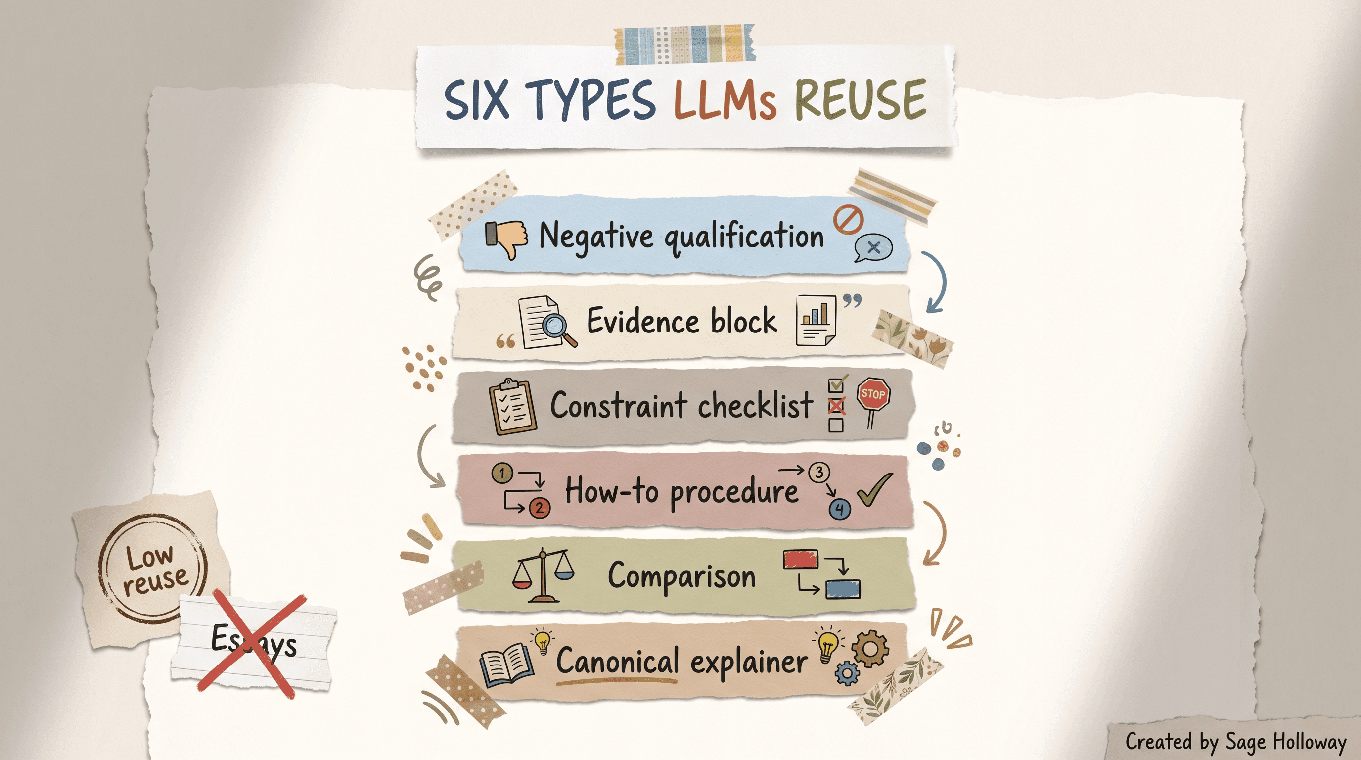 Scrapbook stacked diagram of six content types LLMs reuse from explainer to negative qualification