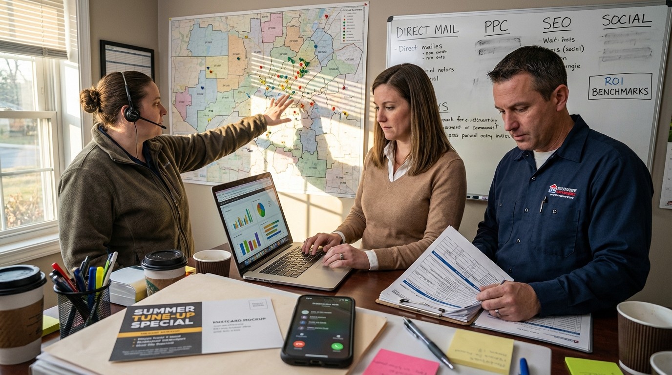 HVAC marketing ROI dashboard showing performance metrics across multiple channels