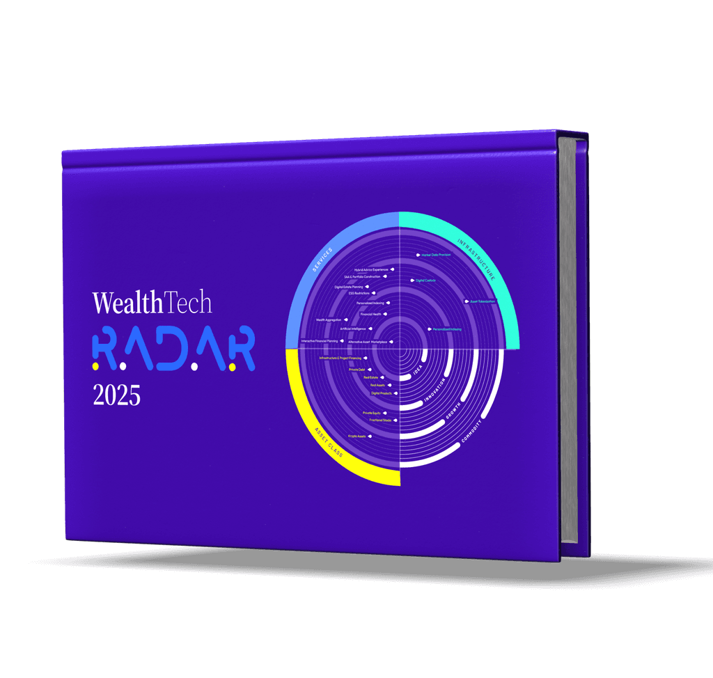 WealthTech Radar 2024-Buch in kräftigem Blau, dargestellt neben einem Text, der die Zukunft des Wealth Managements bewirbt.