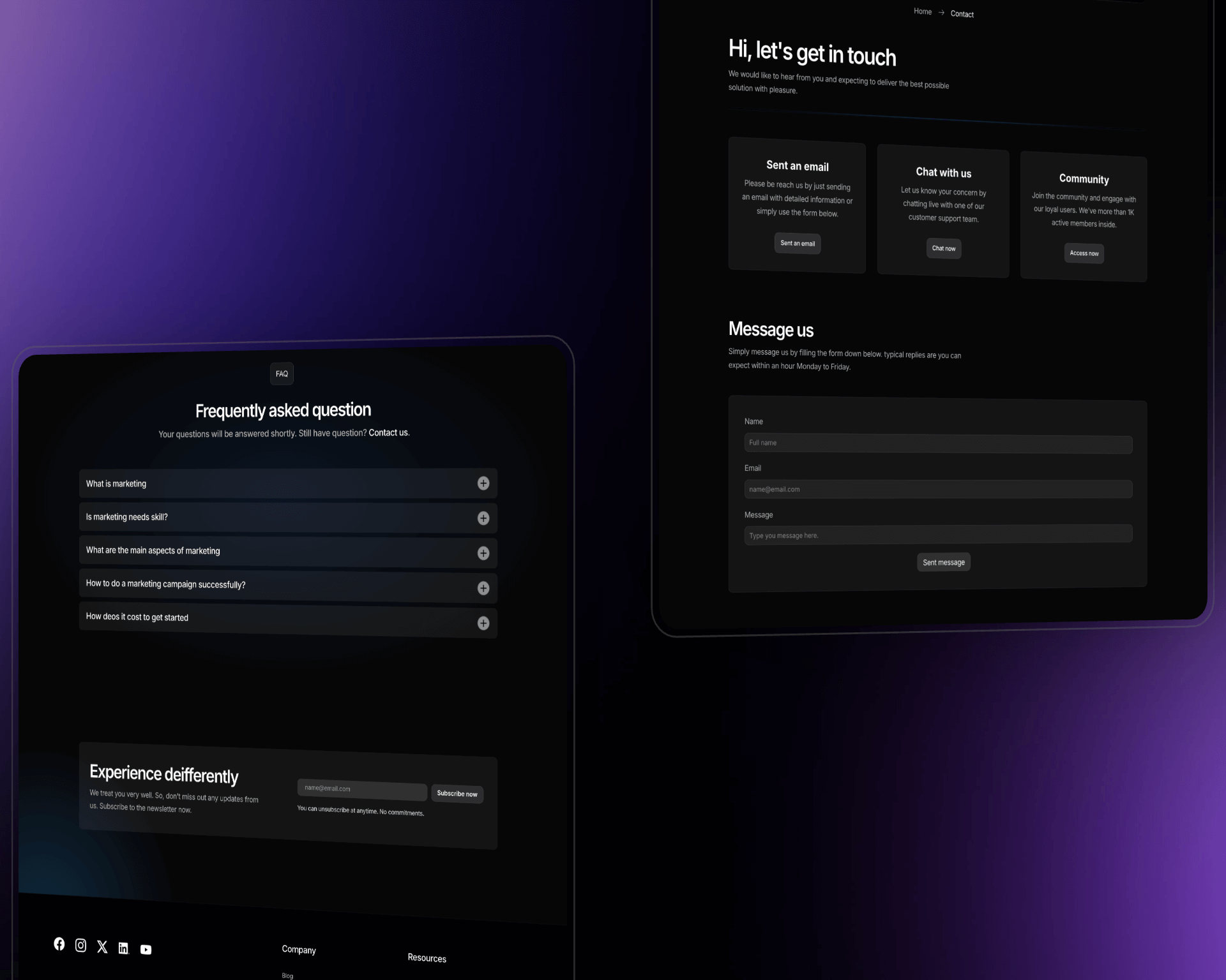 marktick, a framer dark themed website template testimonial and FAQ sections
