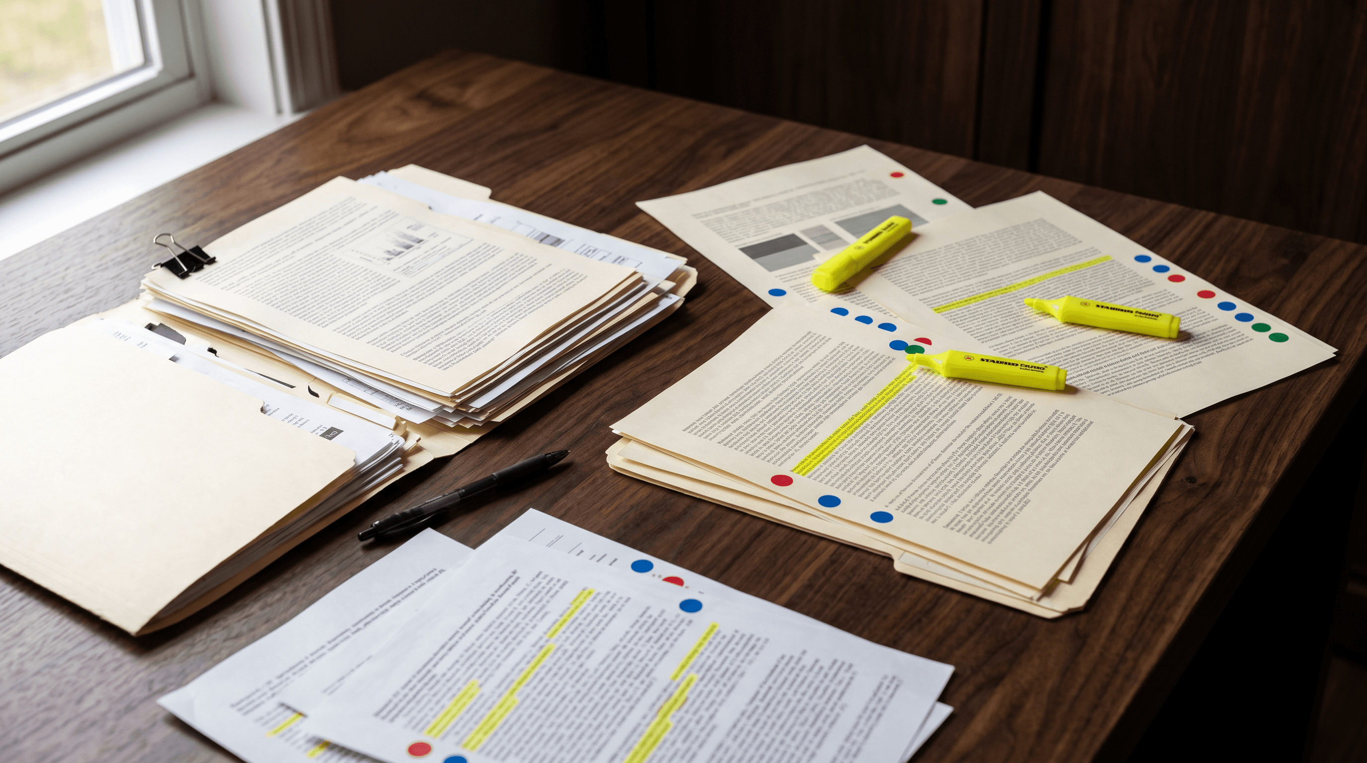 Highlighted abstracts and citation stickers on printed papers