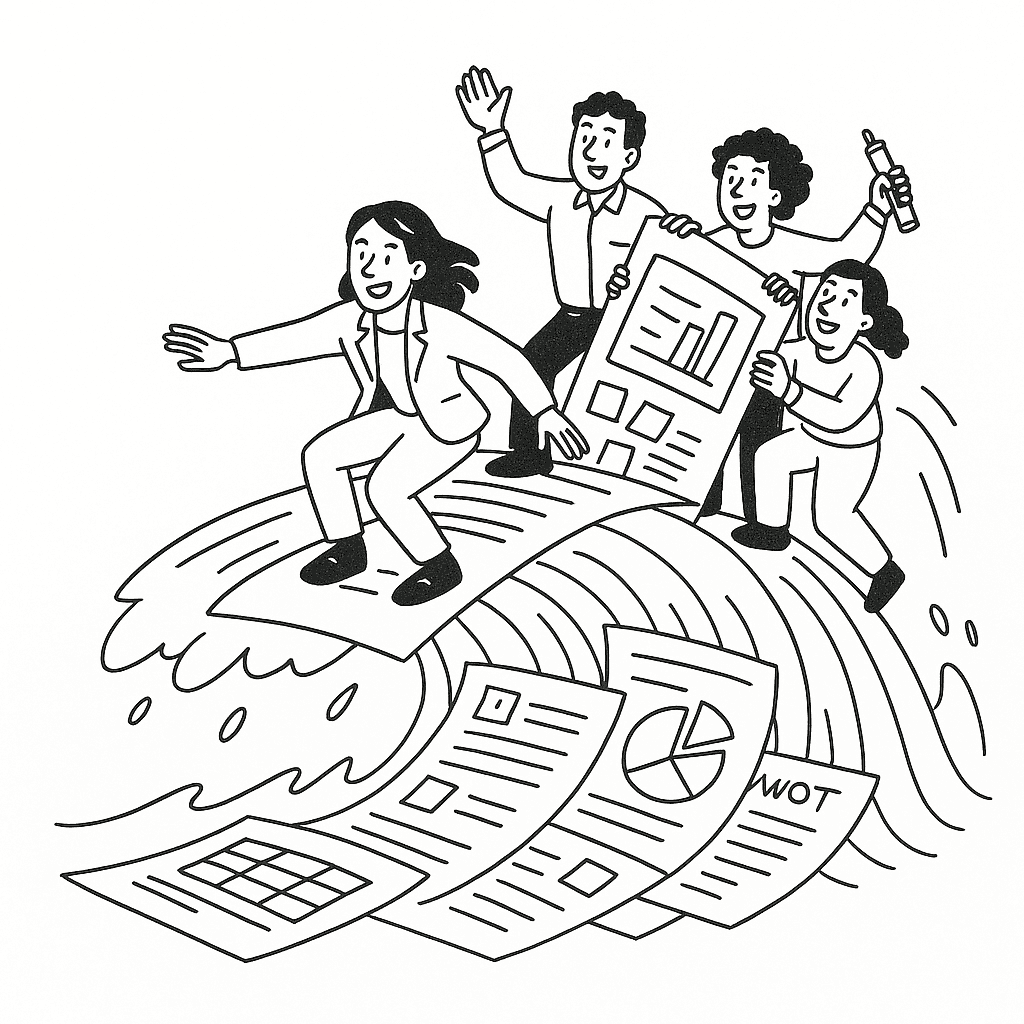 Line drawing of a small diverse team riding a wave made of printed brand plan slides, symbolising fun and collaboration in pharma brand planning and strategy