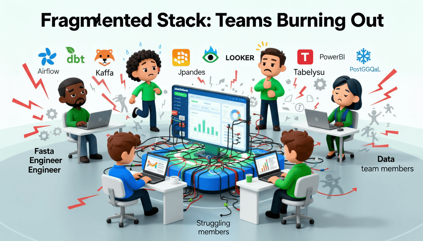 Infographic showing exhausted data professionals struggling with fragmented tools and context switching
