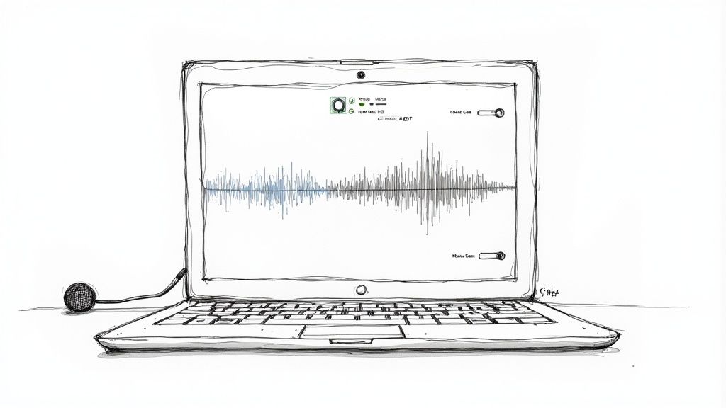 A hand-drawn sketch of a laptop displaying audio waveforms, with an external microphone plugged in.
