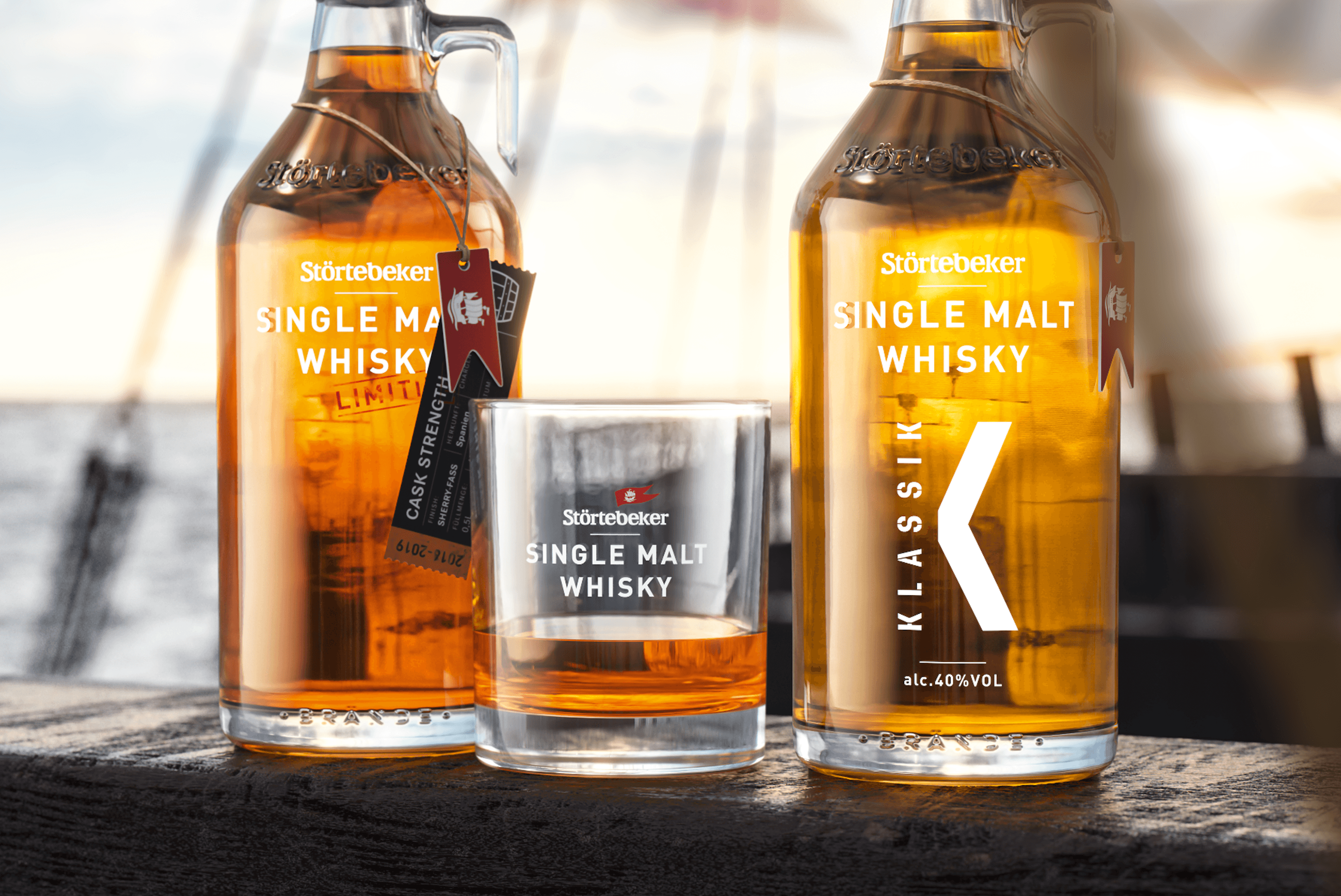 Störtebeker single malt whisky bottles and glass