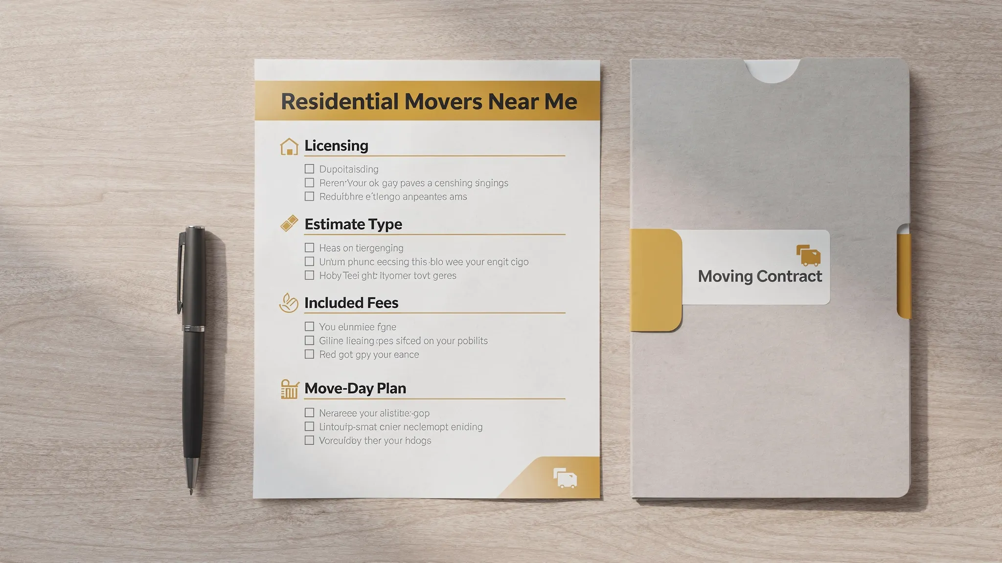 A clean, simple one-page hiring checklist titled “Residential Movers Near Me” with sections for licensing, estimate type, included fees, insurance, and move-day plan, next to a pen and a moving contract folder.