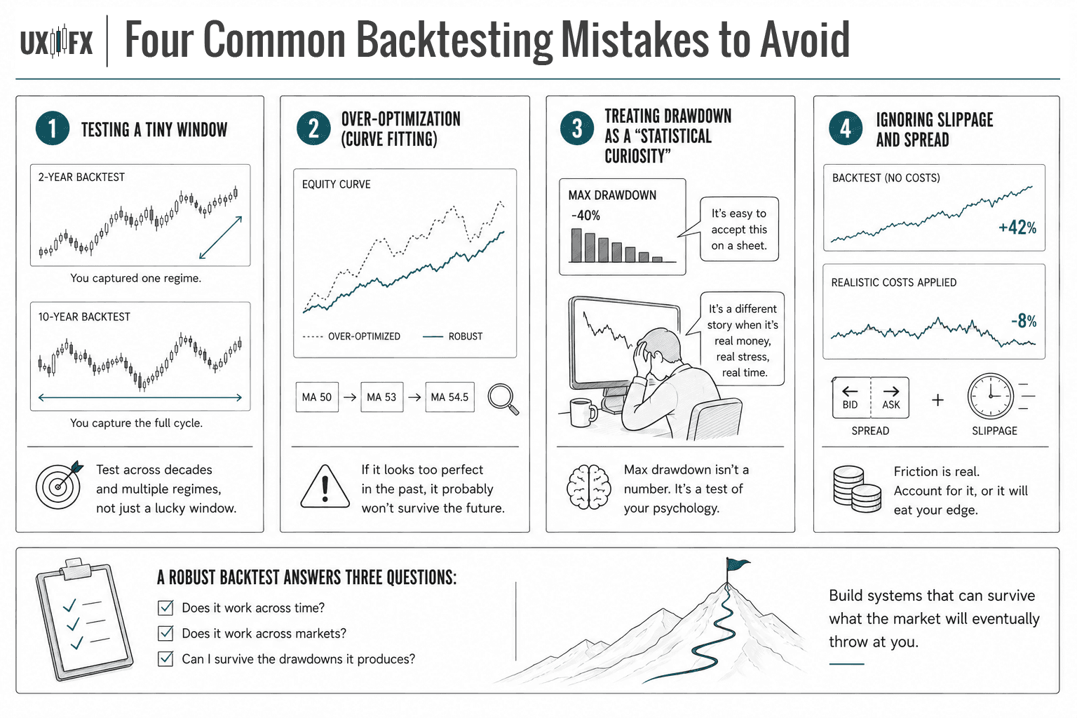 Infographic illustrating four common mistakes when backtesting a trend-following trading strategy. Four side-by-side panels show: (1) testing only a short two-year period versus a full market cycle, (2) over-optimizing moving average settings to create an unrealistic historical equity curve, (3) underestimating the emotional impact of large drawdowns by comparing spreadsheet statistics with the stress of real trading losses, and (4) ignoring spread and slippage, showing how transaction costs can turn a profitable backtest into a losing live strategy. The illustration uses a minimalist UX wireframe aesthetic with grayscale line art and subtle teal accents to highlight key concepts.
