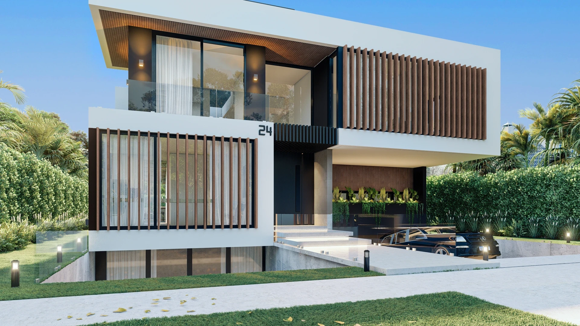Close-up of modern facade with wood slat details and covered entry, SW 24th Road Miami