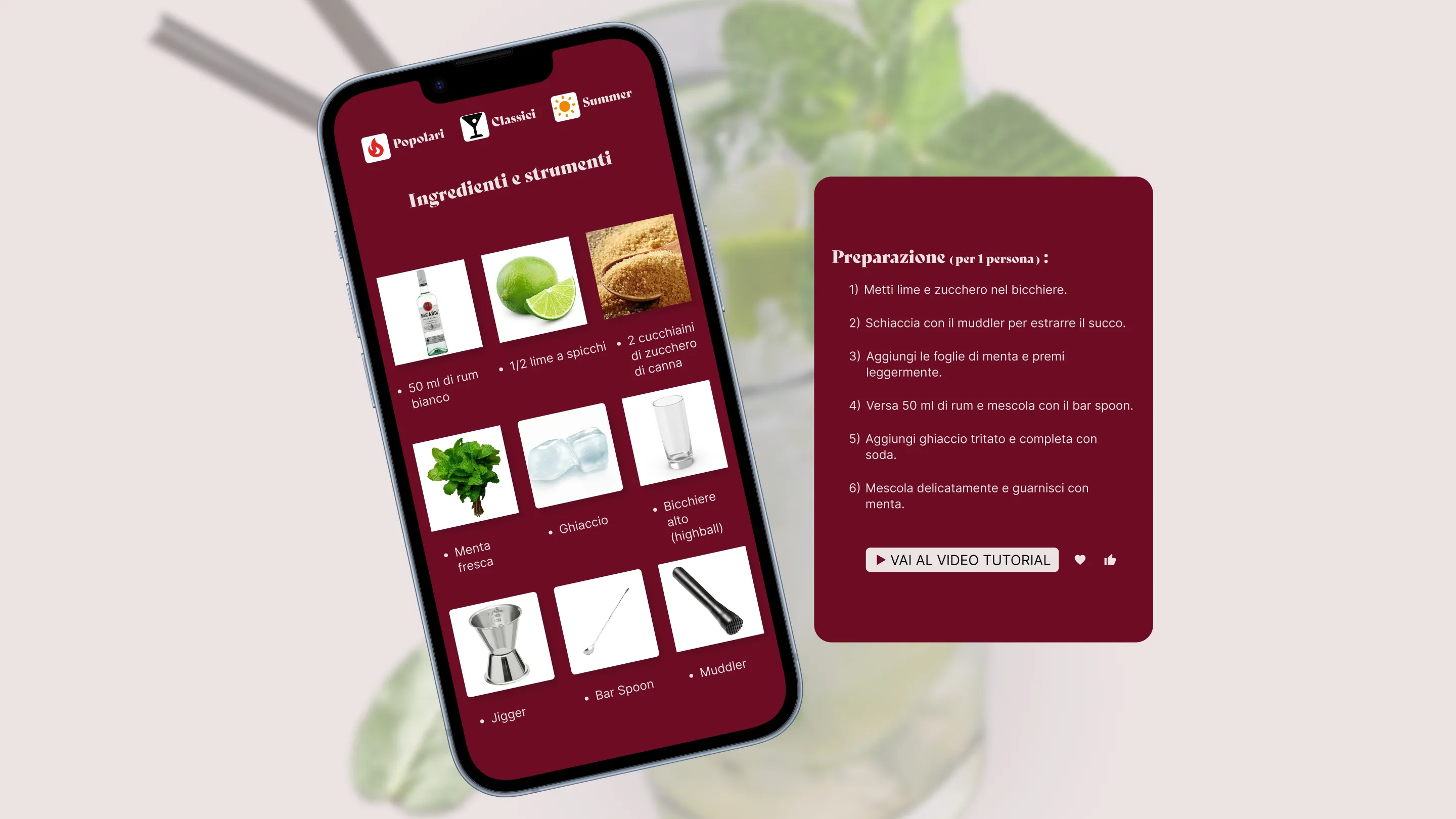 sezione ingredienti e preparazione cocktail