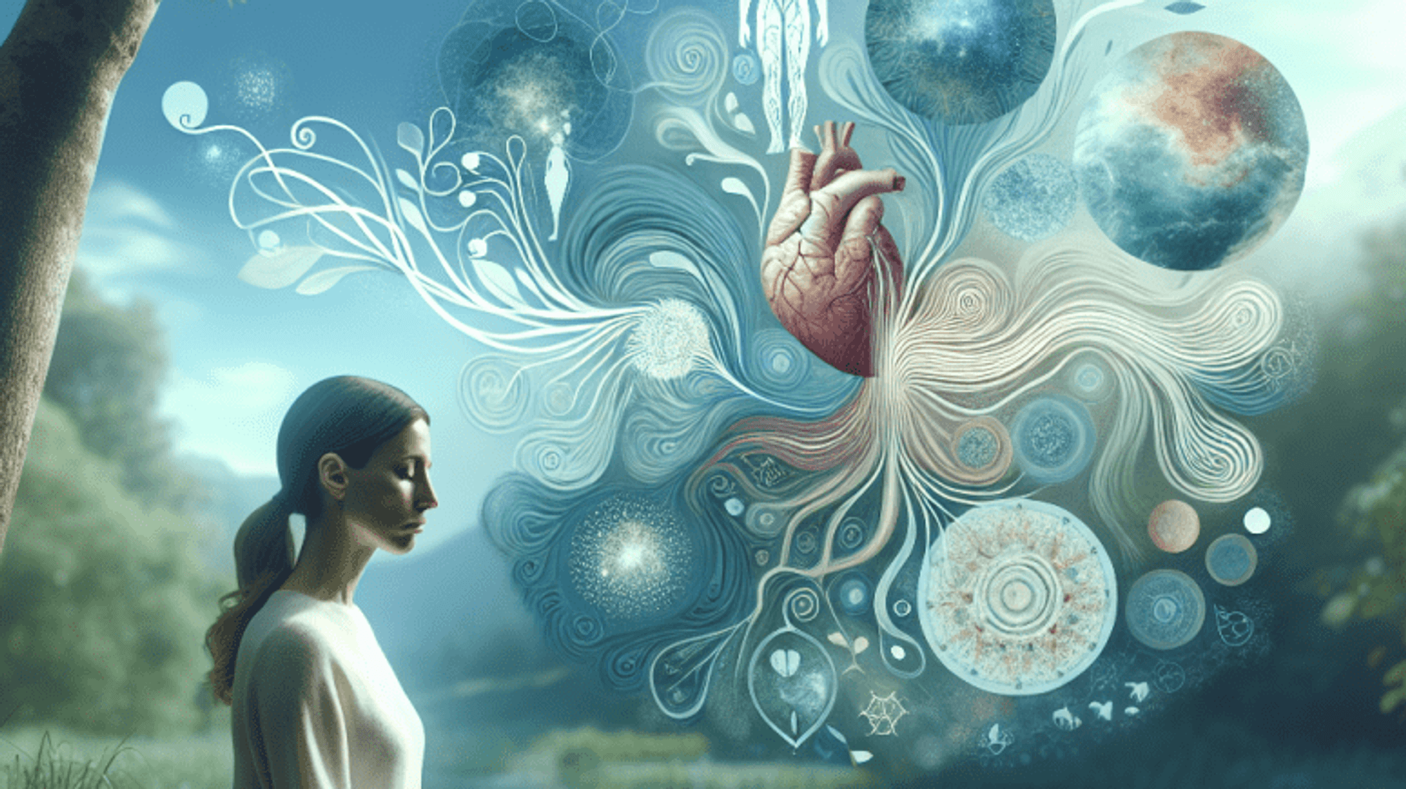 Lady standing front of heart in open sky with eyes closed
