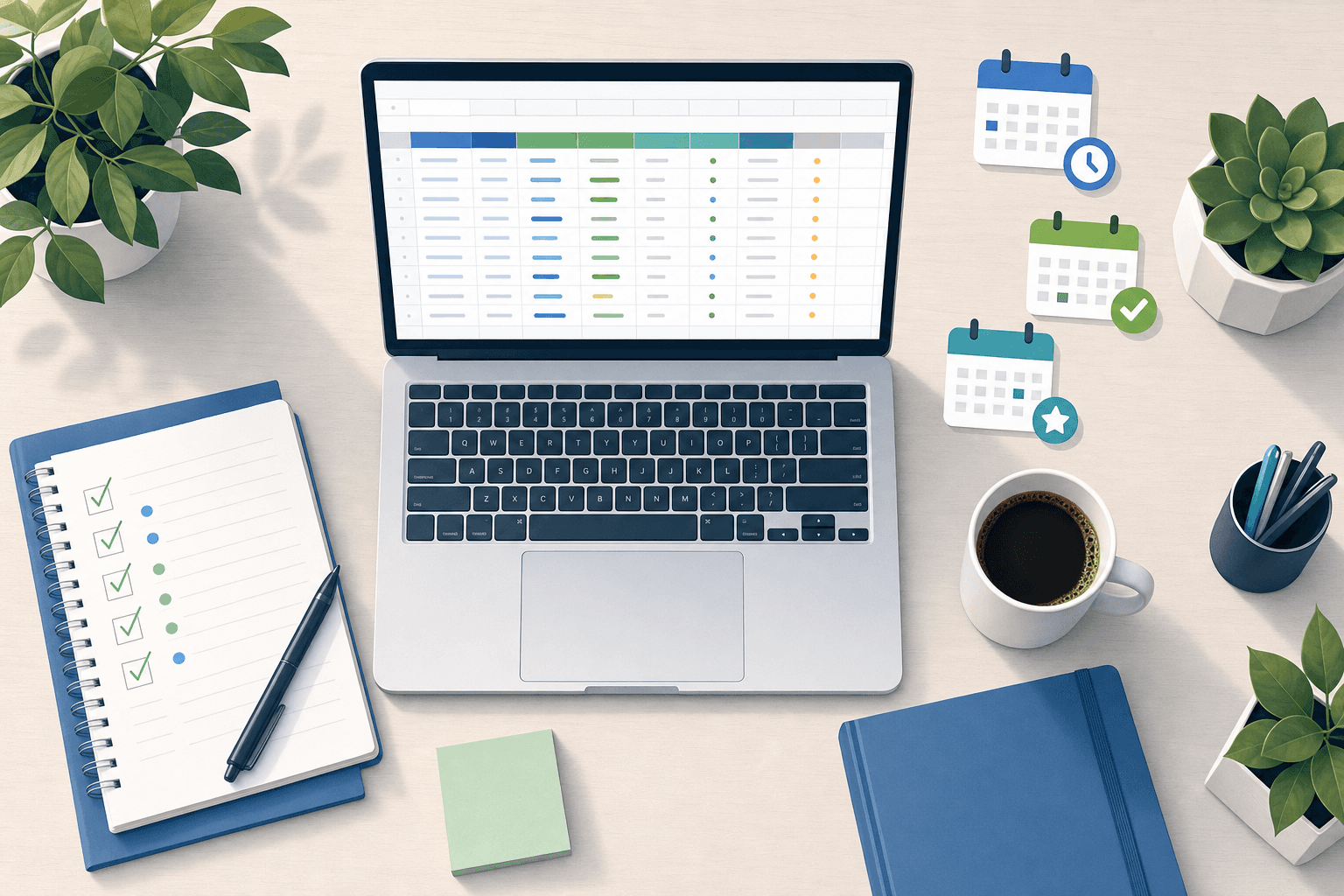 A clean, organized workspace showing job application management: an open laptop displaying a spreadsheet tracker, a notepad with checkmarks and notes, a coffee cup, and floating calendar icons representing deadlines. Soft natural lighting, minimalist desk setup with plants, professional and calm atmosphere, flat lay perspective, modern illustration style in blues and greens