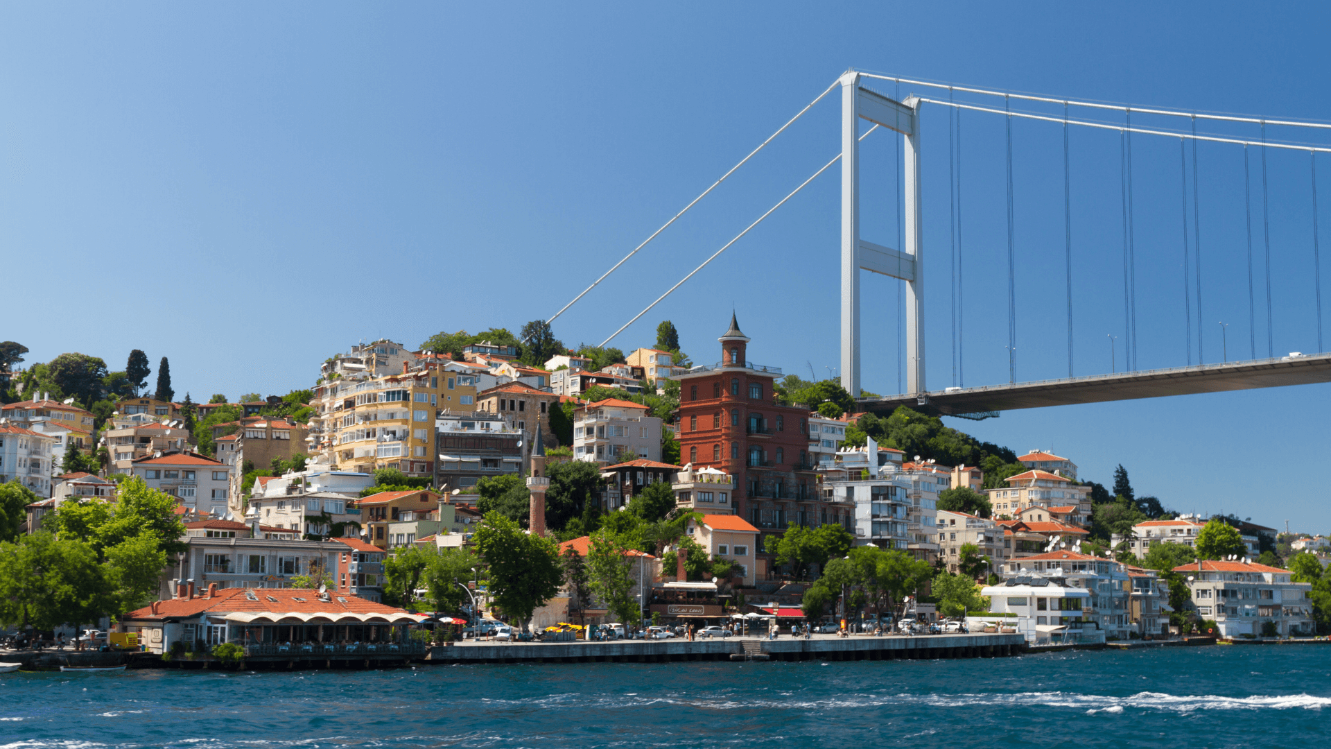 Bosphorus waterfront with historic houses and Bosphorus Bridge in Istanbul, scenic coastal view with blue sea and city architecture