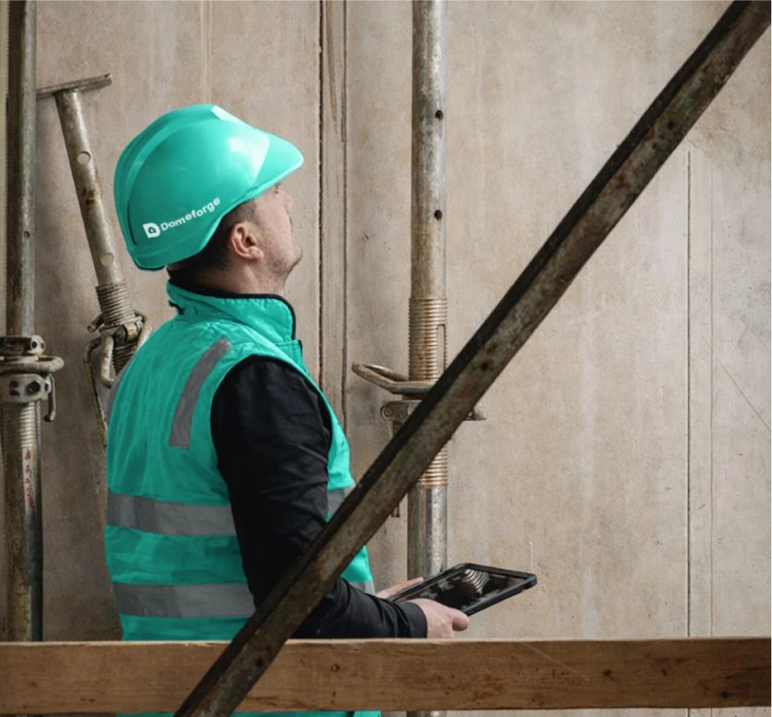 Construction worker wearing Domeforge branded safety helmet and high-visibility vest on site.