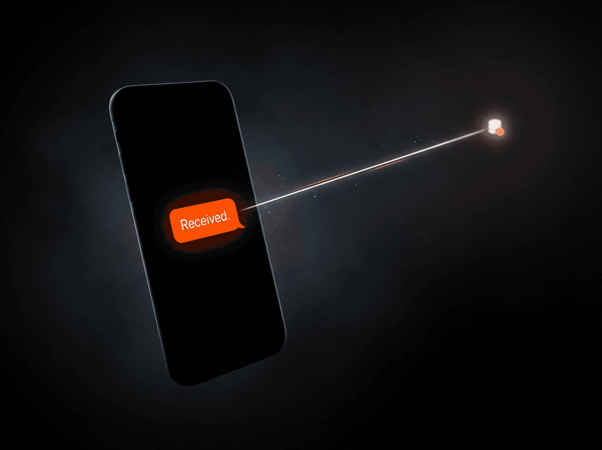 Animated illustration showing a smartphone with a "Received" notification bubble. A beam connects the bubble to a light source.