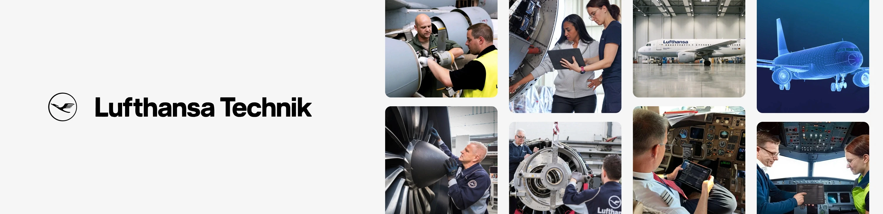 Lufthansa Technik logo beside photographs of technicians inspecting a jet engine, an aircraft in a maintenance hangar, and crew using a tablet in a cockpit.